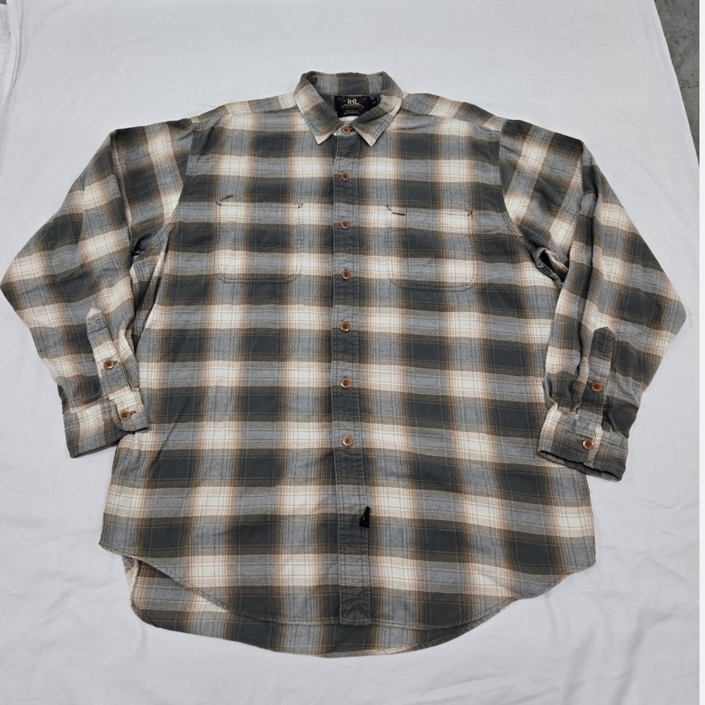 Men's LARGE Ralph Lauren RRL Plaid Work Shirt Flannel Button Up Grey/White/Gold